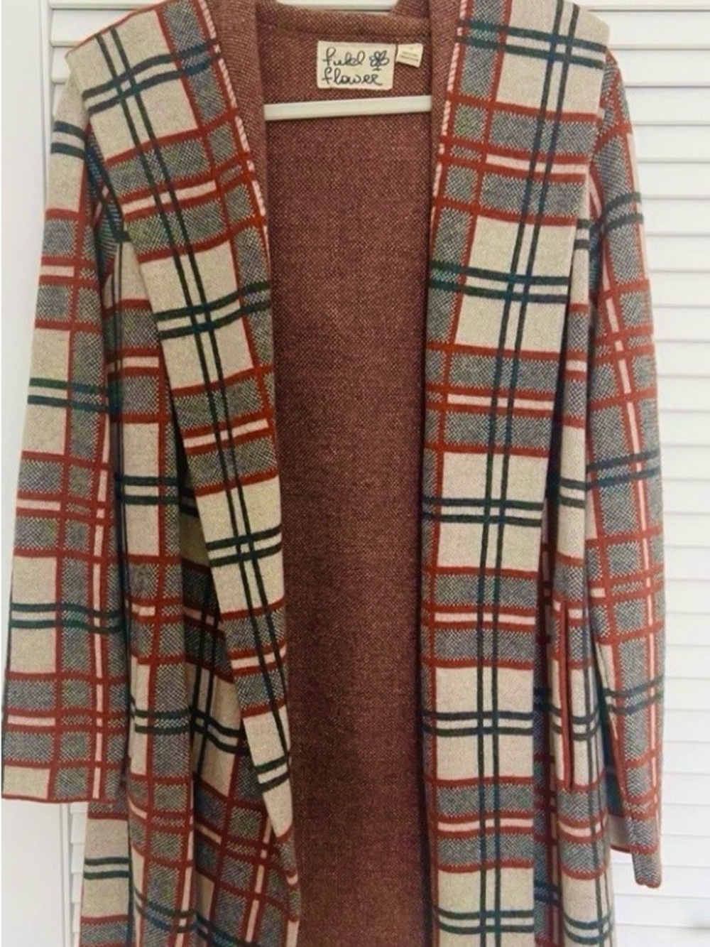 FIELD FLOWER Plaid Hooded Wool-Blend cardigan jacket in Cream and Rust